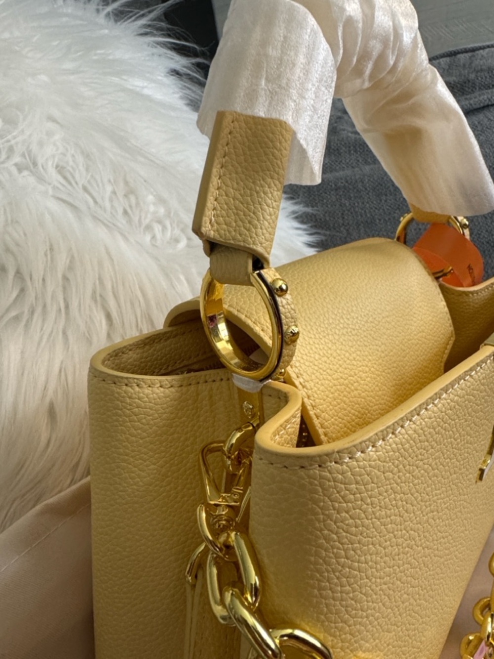 Bag yellow top Handle Satchel with Pink Chain Accents - Picture 3 of 14